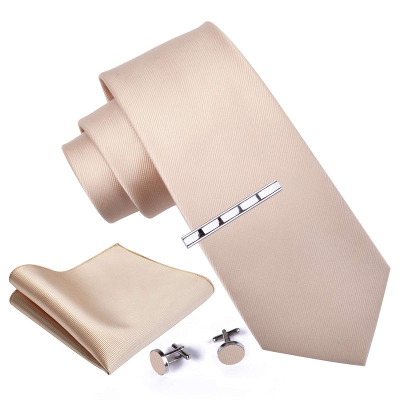GUSLESON Men's Solid Silk Tie Champagne Ties for Men Necktie Clip Pocket Square Cufflinks Sets (6101-10) - Image 2